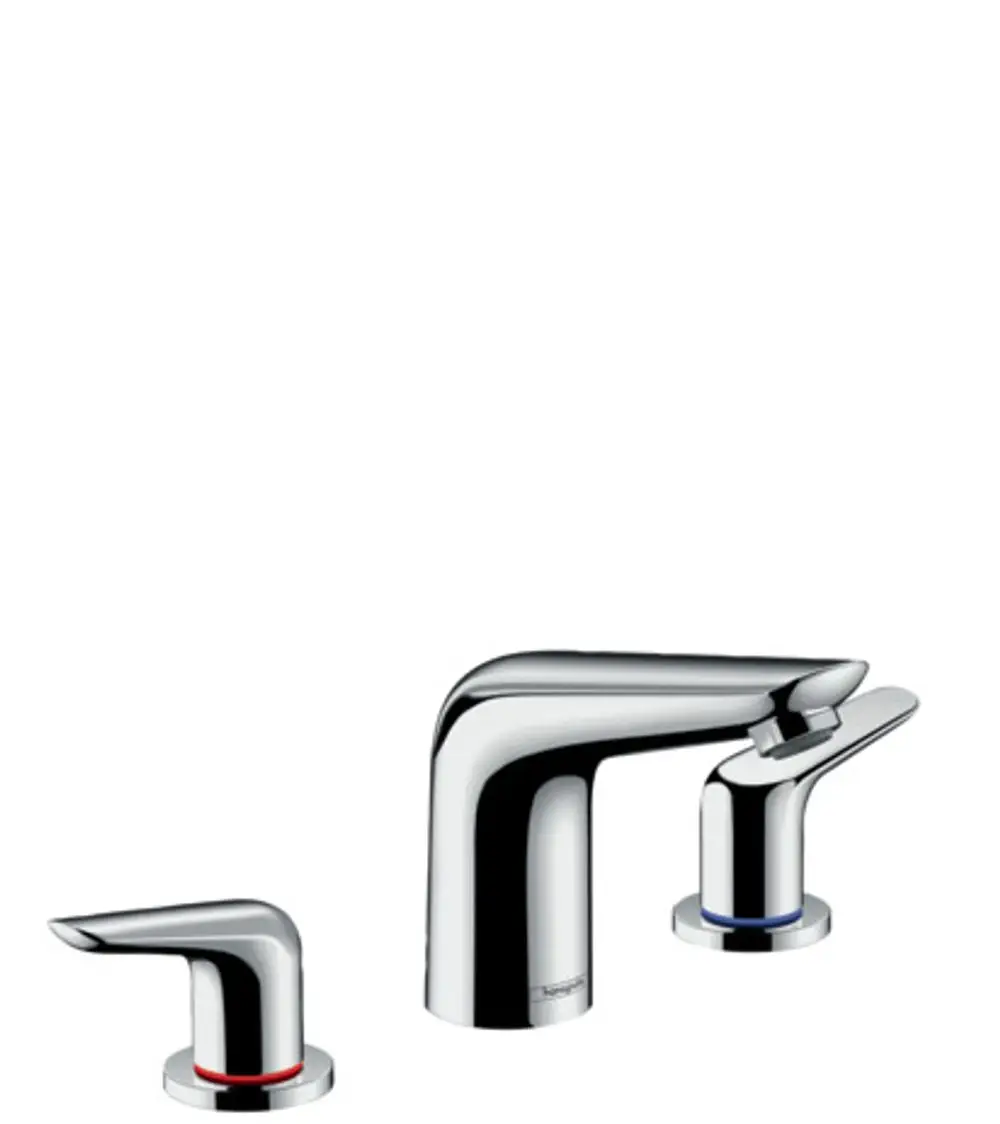 Zwei stehende Armaturen und ein Wasserhahn in verchromtem Finish von Hansgrohe, alle mit klaren Linien und sparsamem Design.